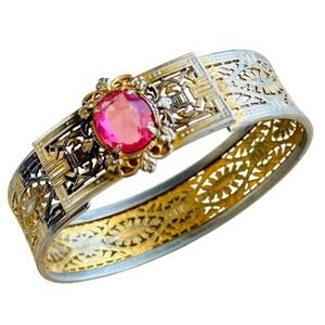 VTG Art Deco PSco Bangle Bracelet 20s Filigree Gold Filled Pink Crystal Antique